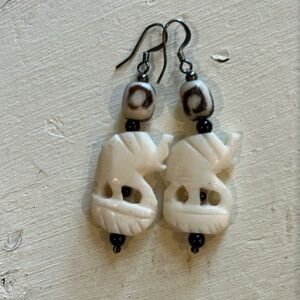 Vintage Bone and African Bead Elephant Earrings